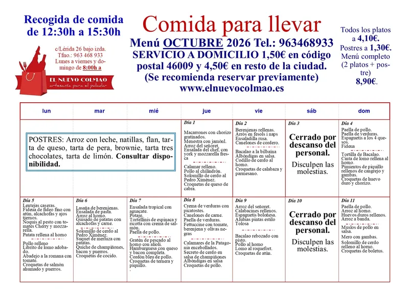 Cartel de comida para llevar de El Nuevo Colmao con el menú de octubre 2026, precios y horario de recogida