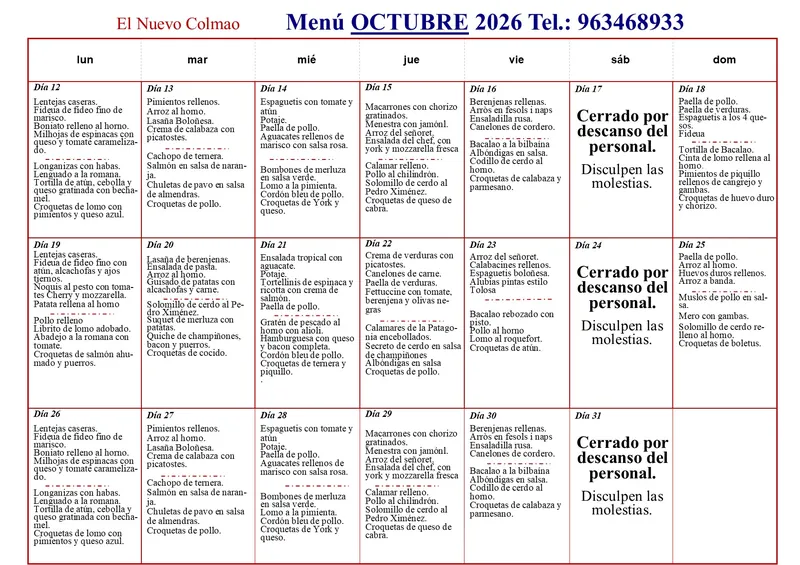 Calendario con el menú diario de El Nuevo Colmao del 12 al 31 de octubre de 2026